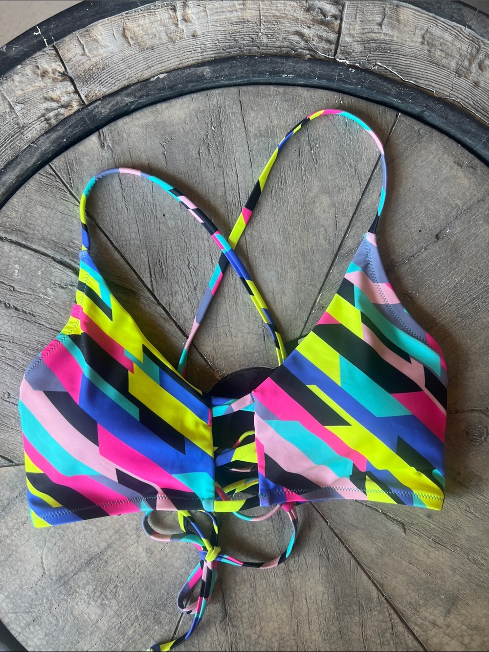 Neon Geo-Stripe Lace-Up Bikini Top - Multicoloru medium B1
